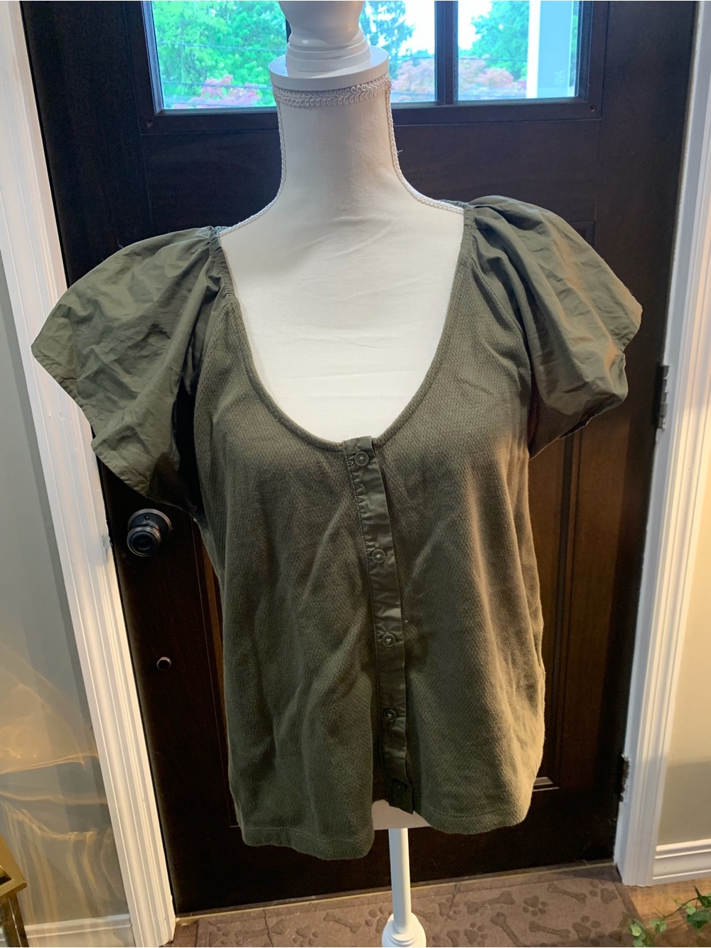 LOFT Olive Green Puff Sleeve Button-Front Top